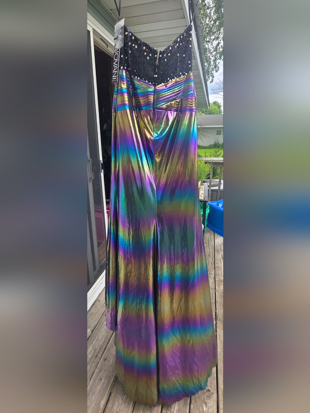 Jovani Iridescent Strapless Evening Gown in Green Blue Purple - Picture 3 of 10